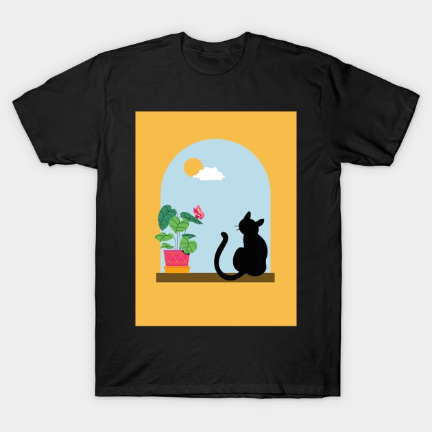 Minimalistic Illustration of Cat Sitting Boho Aesthetic T-Shirt by Just Kidding Co.